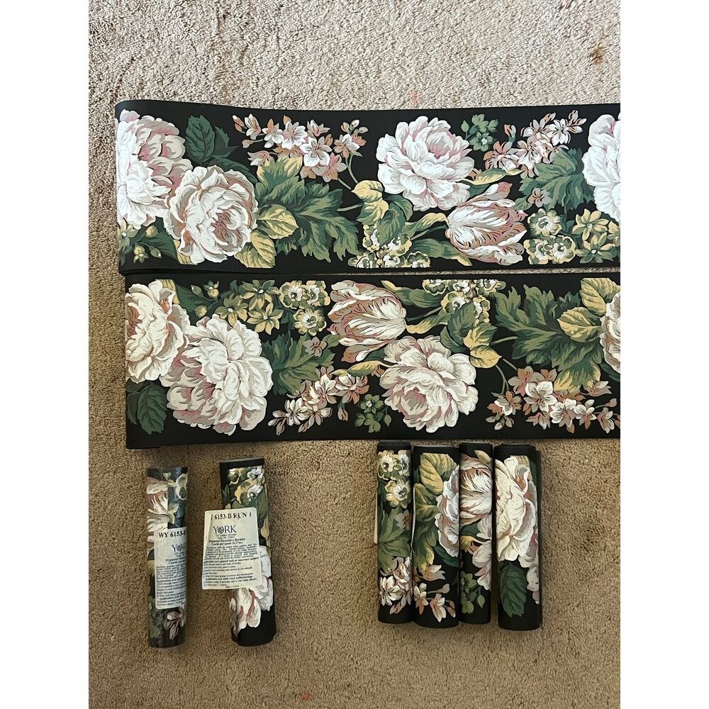 Vintage Floral Wallpaper border 21 YARDS, York, black w pink flowers